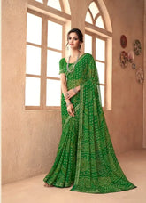 India Silk Dark Green Chiffon Saree Features A Beautifully Attached Banarasi Border Combining The Softness And Flow Of Chiffon